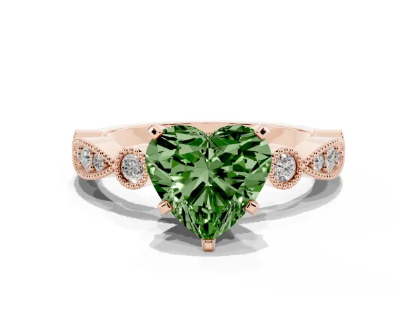Fancy Green Heart Cut Milgrain Bezel Diamond Engagement Ring with Solitaire Prong Setting Rose gold