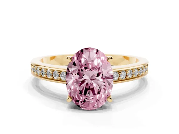 Fancy Pink Oval Cut Solitaire Pavé Band Prong Setting Ring Yellow gold