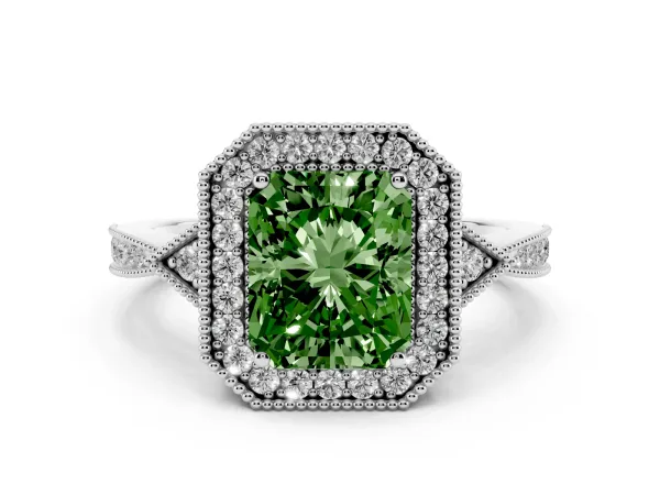 Fancy Green Radiant Cut Halo Round Diamond Milgrain Pave Engagement Ring White gold