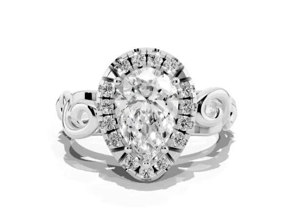 Pear Cut Cut Halo Diamond Ring with Scrollwork Band and Four-Prong Setting White gold