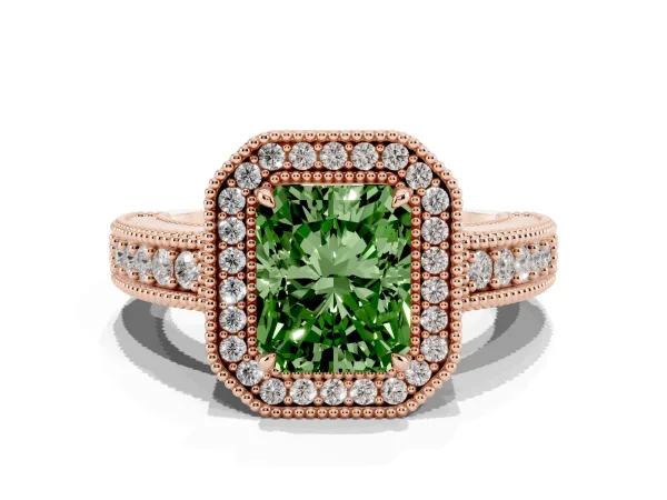 Fancy Green Radiant Cut Cut Halo Diamond Ring with Pavé Band and Four-Prong Setting Rose gold