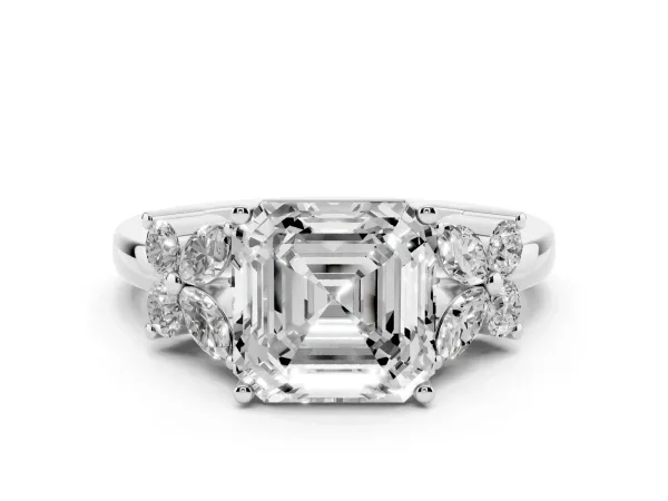 Asscher Cut Diamond Floral Cluster Ring with Solitaire Band and Prong Setting Platinum