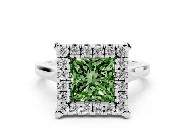 Fancy Green Princess Cut Diamond Cluster Halo Solitaire with Four-Prong Setting Platinum