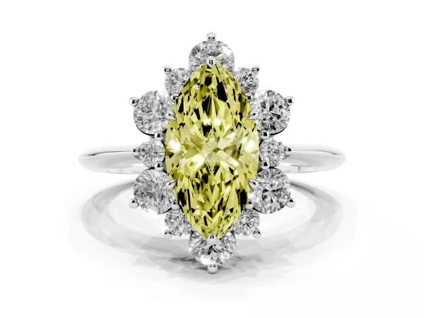 Fancy Yellow Marquise Cut Diamond Cluster Halo Ring with Solitaire Band and Four-Prong Setting Platinum