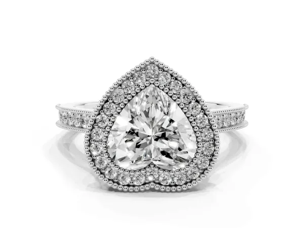 Halo Heart Cut-Cut Diamond Pave Band Milgrain Prong Setting Ring White gold