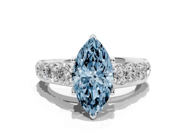 Fancy Blue Marquise Cut Diamond Engagement Ring with Pavé Band and Four-Prong Setting White gold