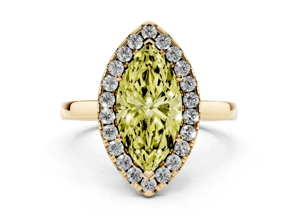 Fancy Yellow Marquise Cut Halo Diamond Solitaire with Pavé Band and Four-Prong Setting Yellow gold