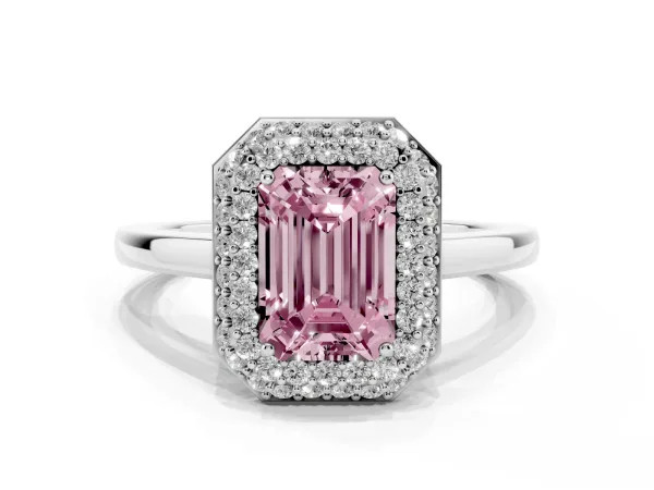 Fancy Pink Emerald Cut Halo Diamond Engagement Ring with Solitaire Band and Four-Prong Setting Platinum
