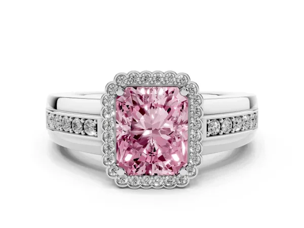 Fancy Pink Radiant Cut Cut Halo Pave Band Four-Prong Ring Platinum