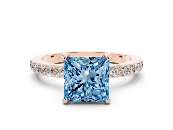 Fancy Blue Princess Cut Diamond Solitaire Engagement Ring with Pavé Band and Four-Prong Setting Rose gold