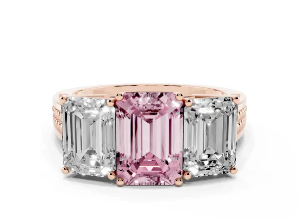 Fancy Pink Emerald Cut Diamond Three-Stone Ring with Prong Setting and Textured Band Rose gold