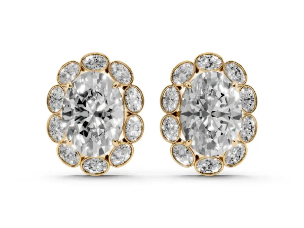 Oval Diamond Halo Stud Earrings with Oval Diamond Accents Yellow gold