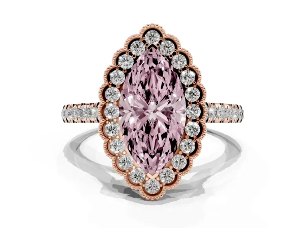 Fancy Pink Marquise Cut Cut Diamond Milgrain Floral Halo Engagement Ring with Pavé Band Rose gold