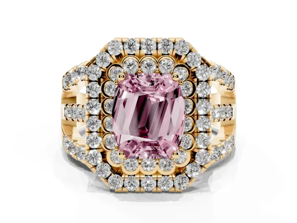 Fancy Pink Emerald Cut Diamond Double Halo Ring with Round Pavé Split Shank and Prong Setting Yellow gold
