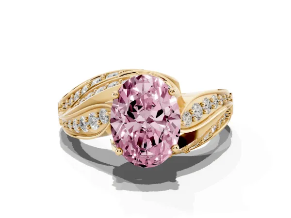 Fancy Pink Oval Cut Diamond Solitaire Ring with Prong Setting and Twisted Pavé Band Yellow gold