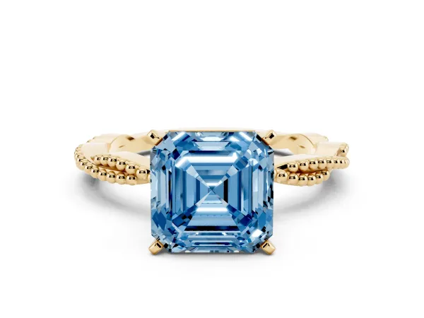 Fancy Blue Asscher Cut Solitaire Twisted Band with Bead Prong Setting Yellow gold
