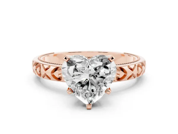 Heart Cut Solitaire Diamond Engagement Ring with XO Engraved Band and Four-Prong Setting Rose gold