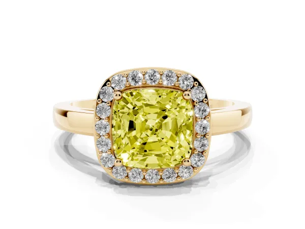 Fancy Yellow Cushion Cut Halo Diamond Ring with Solitaire Band and Prong Setting Yellow gold