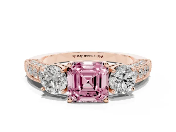 Fancy Pink Asscher Cut Three-Stone Diamond Ring with Pavé Band and Four-Prong Setting Rose gold