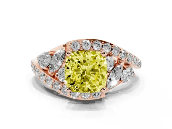 Fancy Yellow Cushion Cut Diamond Halo Ring with Marquise and Pavé Band in Prong Setting Rose gold
