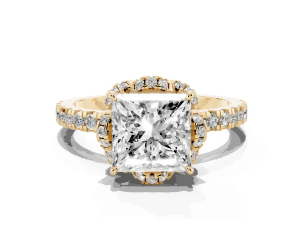 Princess Cut Halo Diamond Pave Band Ring with Four-Prong Setting Yellow gold