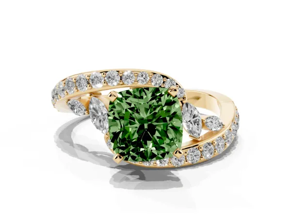 Fancy Green Cushion Cut Diamond Solitaire Ring with Filigree Band and Four-Prong Setting Yellow gold