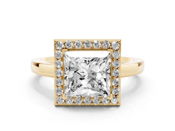 Princess Cut Halo Diamond Ring with Solitaire Band and Prong Setting Yellow gold