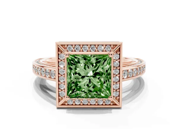 Fancy Green Princess Cut Cut Halo Pave Split Shank Prong Setting Ring Rose gold