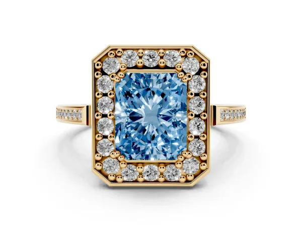 Fancy Blue Radiant Cut Diamond Halo Ring with Split Shank and Four-Prong Setting Yellow gold