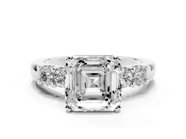 Asscher Cut Brilliant Cut Diamond Five-Stone Prong Set Engagement Ring with Channel Band Platinum