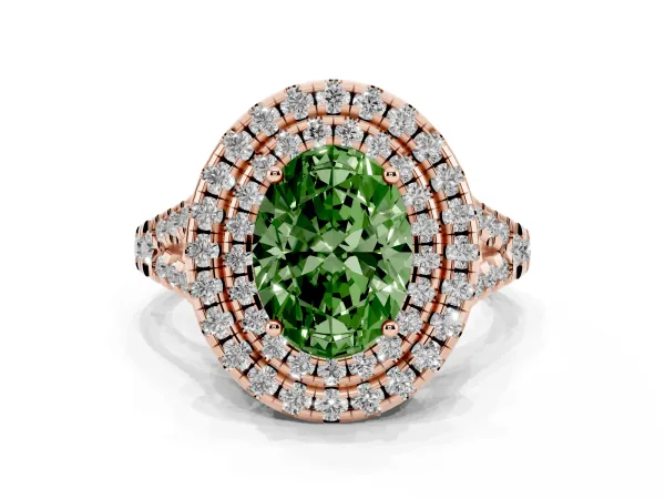 Fancy Green Double Halo Oval Cut Diamond Pavé Split Shank Ring with Prong Setting Rose gold