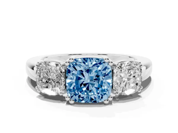 Fancy Blue Three-Stone Cushion Cut Cut Diamond Ring with Channel Set Band and Four-Prong Setting Platinum