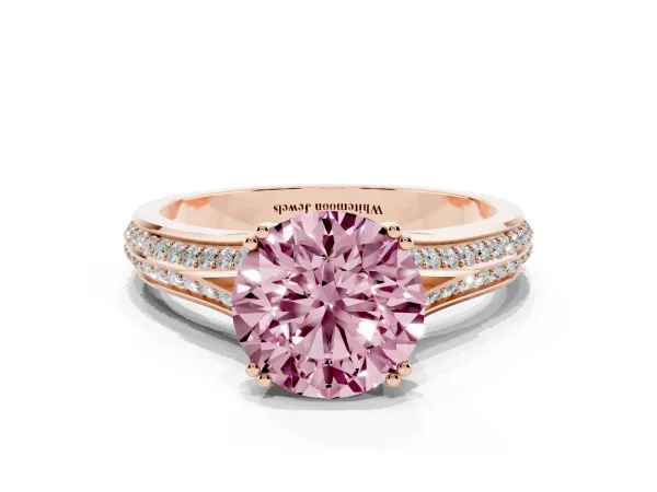Fancy Pink Round Cut Diamond Split Shank Engagement Ring with Pavé Band Rose gold
