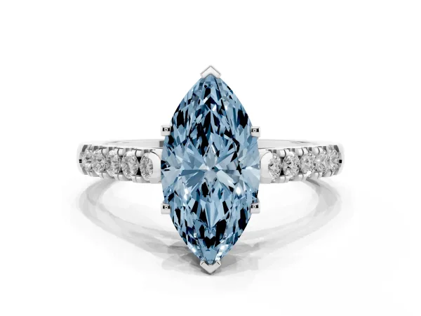 Fancy Blue Marquise Cut Diamond Pavé Band Solitaire Ring with Prong Setting White gold