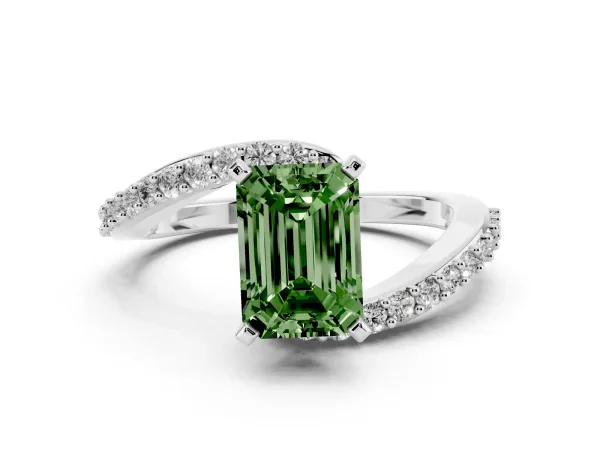 Fancy Green Emerald Cut Solitaire Twist Band with Pave Set Diamonds and Four-Prong Setting Platinum