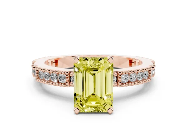Fancy Yellow Emerald Cut Solitaire with Pavé Band and Four-Prong Setting Rose gold