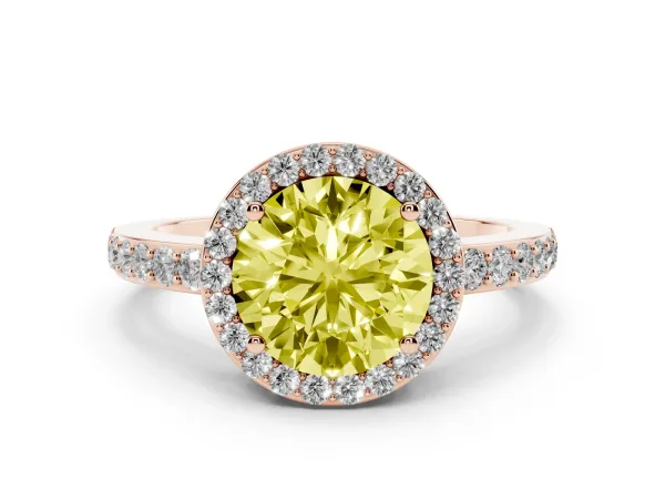 Fancy Yellow Round Cut Halo Diamond Pavé Band Ring with Prong Setting Rose gold