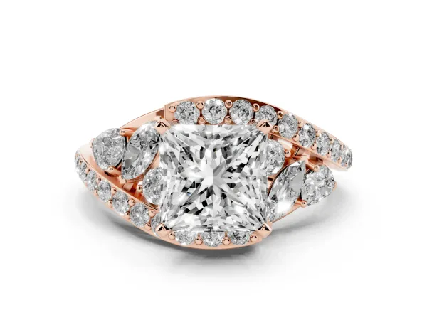 Princess Cut Diamond Halo Ring with Marquise and Pavé Band in Prong Setting Rose gold
