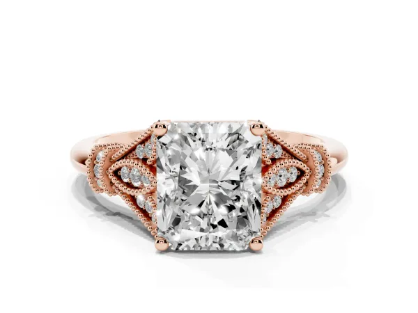 Radiant Cut Diamond Solitaire Ring with Floral Filigree and Pave Accents Rose gold