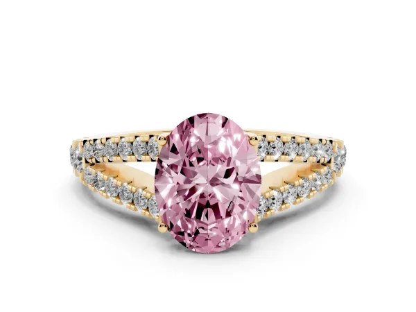Fancy Pink Oval Cut Diamond Split Shank Pavé Engagement Ring with Four-Prong Setting Yellow gold