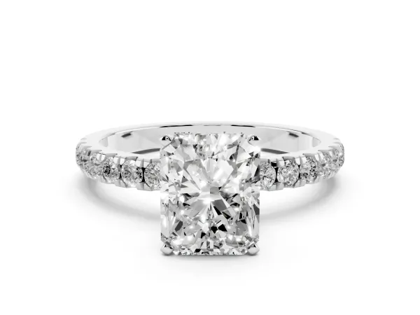 Radiant Cut Diamond Solitaire Ring with Pavé Accents and Four-Prong Setting Platinum