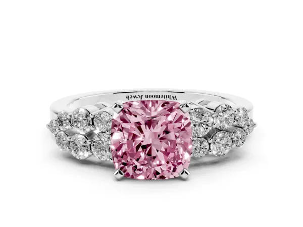 Fancy Pink Cushion Cut Cluster Diamond Engagement Ring with Pavé Band and Four-Prong Setting Platinum