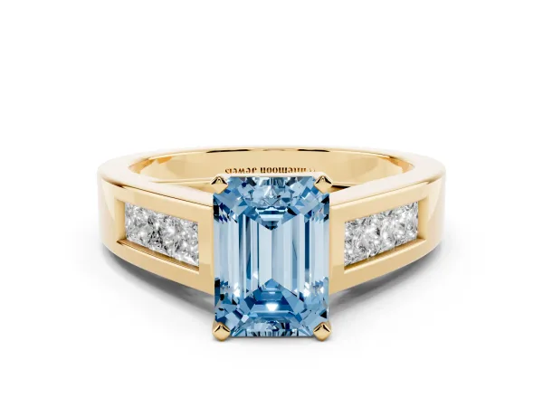 Fancy Blue Emerald Cut Cut Channel Set Solitaire Ring with Four-Prong Setting Yellow gold