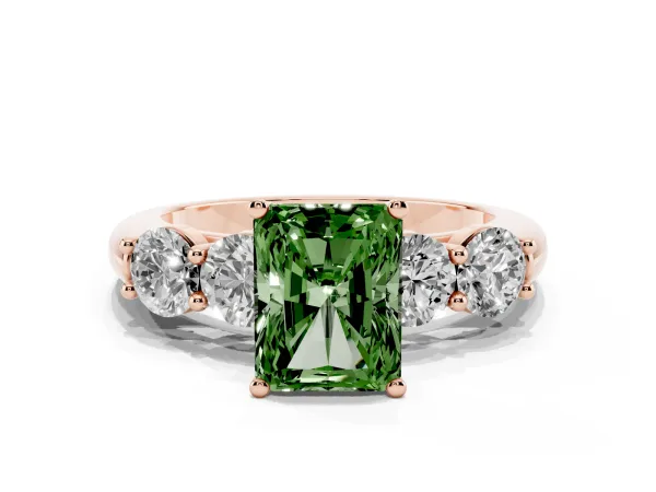 Fancy Green Radiant Cut Cut Five-Stone Prong Set Diamond Ring with Classic Band Rose gold
