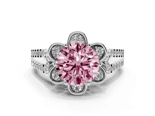 Fancy Pink Round Cut Halo Diamond Floral Split Shank Engagement Ring White gold