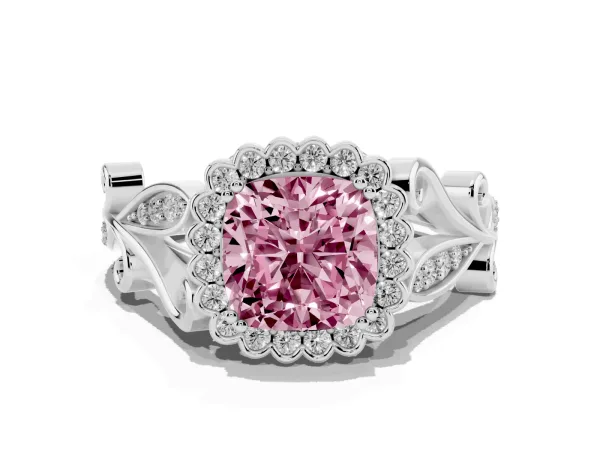 Fancy Pink Cushion Cut Diamond Halo Ring with Vintage Split Shank and Four-Prong Setting White gold