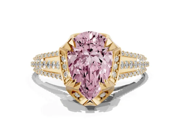 Fancy Pink Pear Cut Solitaire Pave Split Shank Ring with Four-Prong Setting Yellow gold