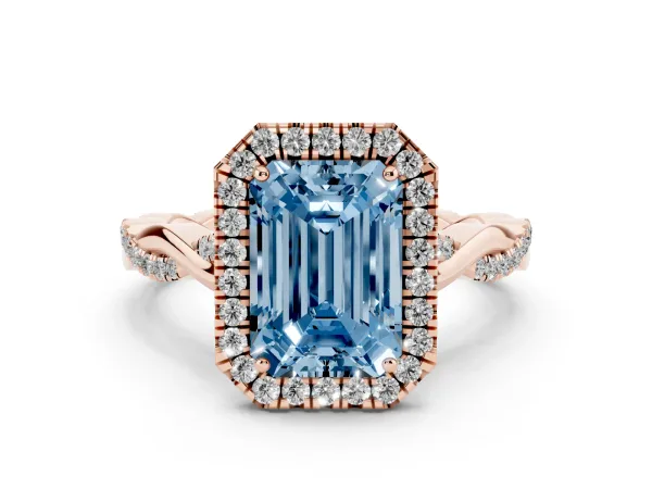 Fancy Blue Emerald Cut Halo Twist Band Solitaire Ring Rose gold