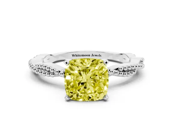 Fancy Yellow Cushion Cut Solitaire Twisted Band with Bead Prong Setting Platinum