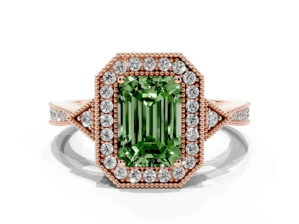 Fancy Green Emerald Cut Halo Round Diamond Milgrain Pave Engagement Ring Rose gold